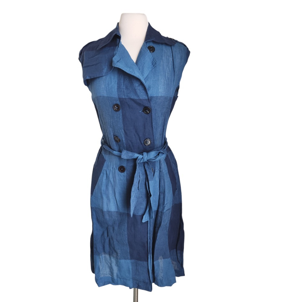 Anthropologie Eva Franco Dress Womens Small Blue Linen Check Trench Vest Belted